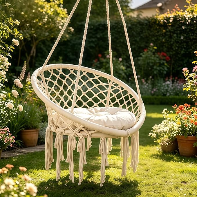 Cotton Woven Hammock Chair, 600 LBS Light Beige Handmade Macrame Hammock Without Stand, Indoor Outdoor Hammock for Patio Bedroom Garden Reading Decor