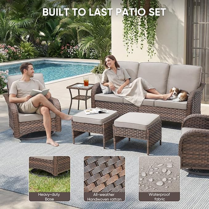 Patio Furniture Set - 6 Pieces All Weather Wicker Outdoor Furniture with 2 Swivel Chairs, 2 Ottomans 1 Sofa and Side Table, Ergonomic Design for Porch, Deck, Balcony, Garden, and Backyard(Beige)