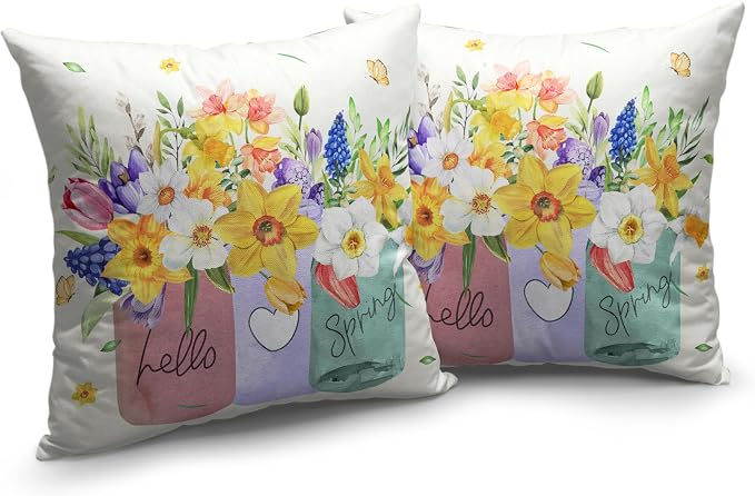 Spring Throw Pillow Covers 24x24 Set of 2 Daffodils Flower Pillow Covers Floral Vase Outdoor Pillowcase Watercolor Cotton Linen Cushion Case for Sofa Outdoor Patio