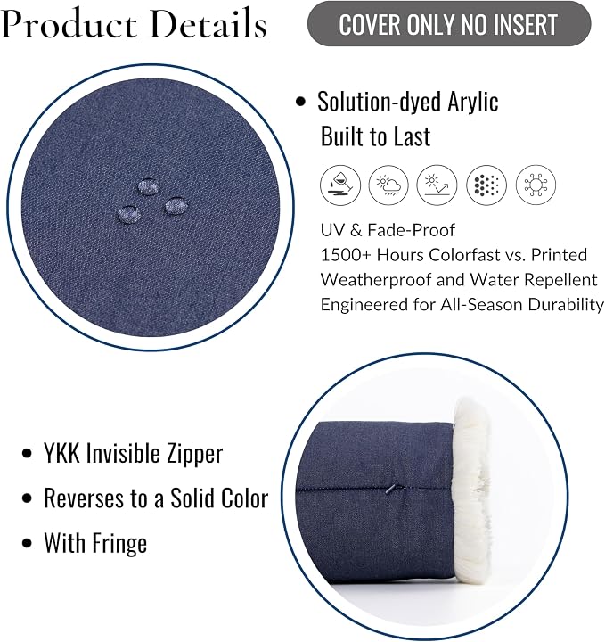 Hofdeco Premium Coastal Hampton Outdoor Performance Bolster Pillow Cover Only, 6"x20" Water Repellent, UV and Fade Resistant for Backyard, Couch, Poolside, Indigo Blue Woven Solid