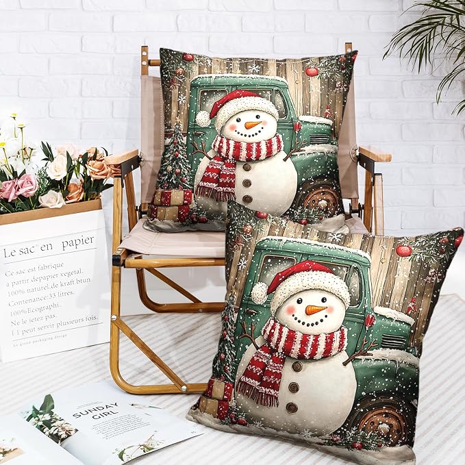 Christmas Snowman Pillow Covers 16x16 Set of 2 Green Xmas Truck Throw Pillow Covers Wooden Pattern Background Pillowcase Winter Holiday Cushion Case for Living Room Sofa Couch