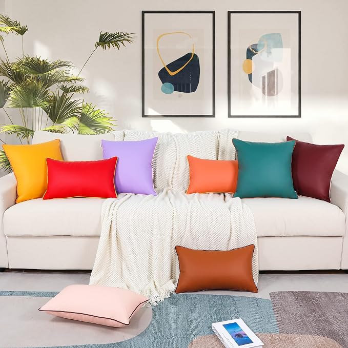 Silicone Leather Outdoor Waterproof Pillow Cover with Piping Outside Fadeproof Red Lumbar Pillows for Patio Furniture Bench House Couch 12x20 Inch, Pack of 2