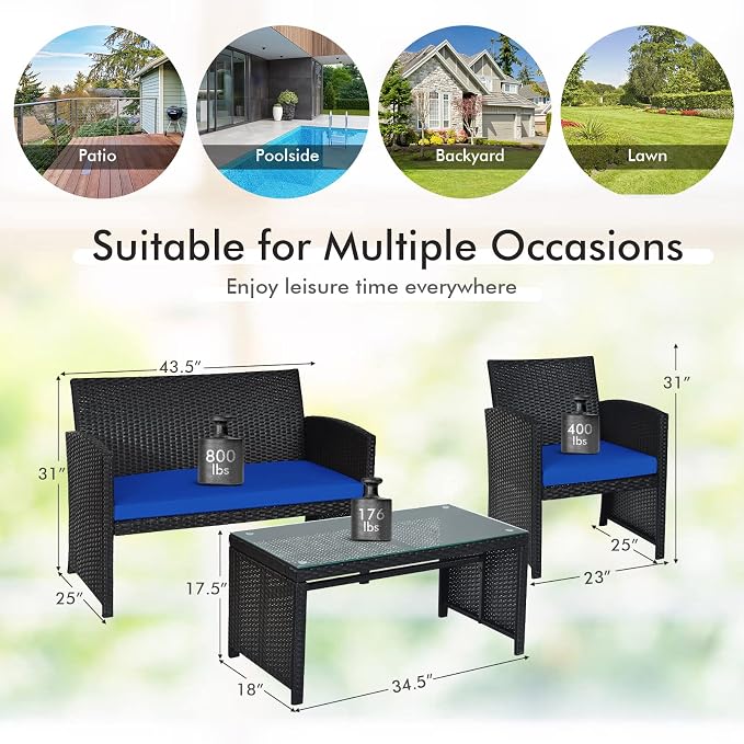 Goplus Rattan Patio Furniture Set 4 Pieces, Outdoor Wicker Conversation Sofa and Table Set with Soft Cushions & Tempered Glass Coffee Table for Balcony Garden Backyard (Blue)
