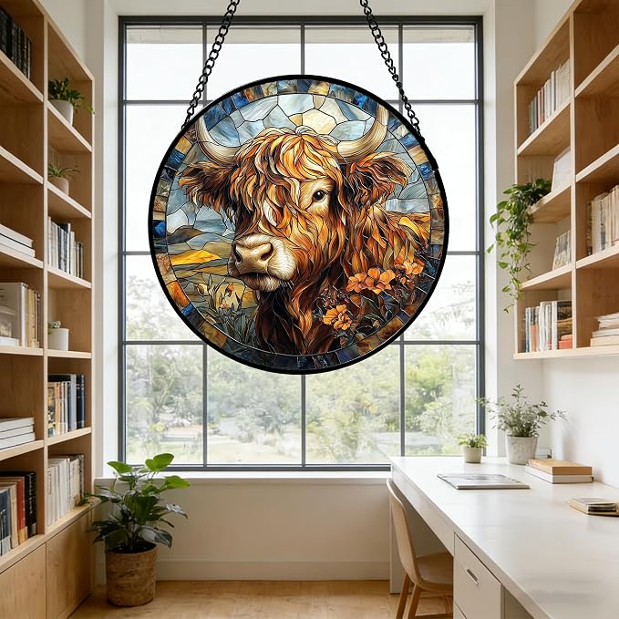 DASTOLL Stained Glass Window Hanging - Funny Cow Flower Suncatcher Ready to Hang Window Doors Home Decoration and Christmas, Mother's Day Birthday Gifts for Women, Men, and Mom 11.8x11.8 in