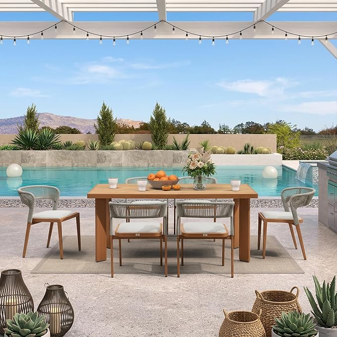 PURPLE LEAF Patio Dining Set for 6 Furniture Set Aluminum Rattan Wicker Patio Table and Chairs Set for Lawn Backyard Deep Teak