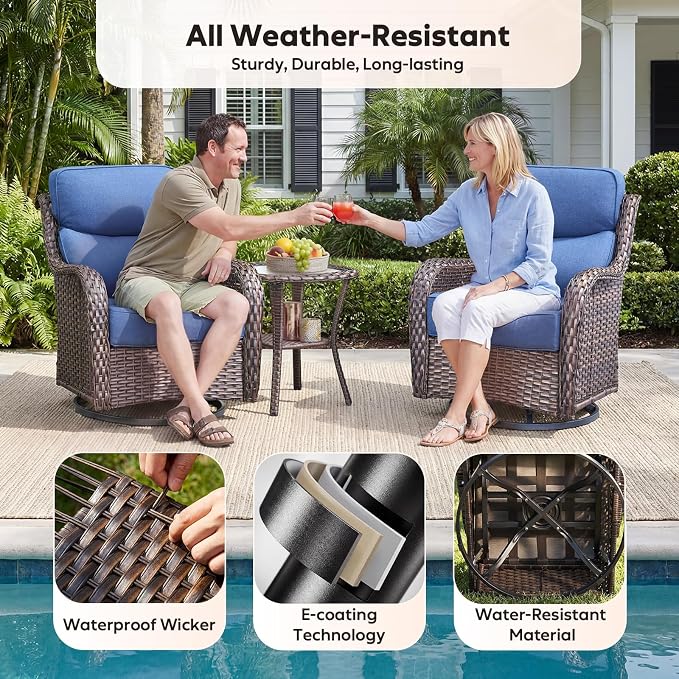 Rilyson Wicker Outdoor Swivel Rocker Chairs - All Weather Resistant Wicker Patio Furniture Set of 2 with High Back and 6 inch Thick Cushions for Deck Porch Yard and Poolside, Brown/Blue