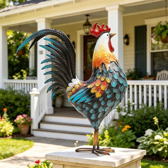 32" Majestic Metal Rooster Yard Decor, Large Outdoor Garden Statue | Outdoor Chicken Sculpture, 3D Hand-Painted, Rustic Farmhouse Style, Weather-Resistant Iron, Backyard Patio Lawn Garden