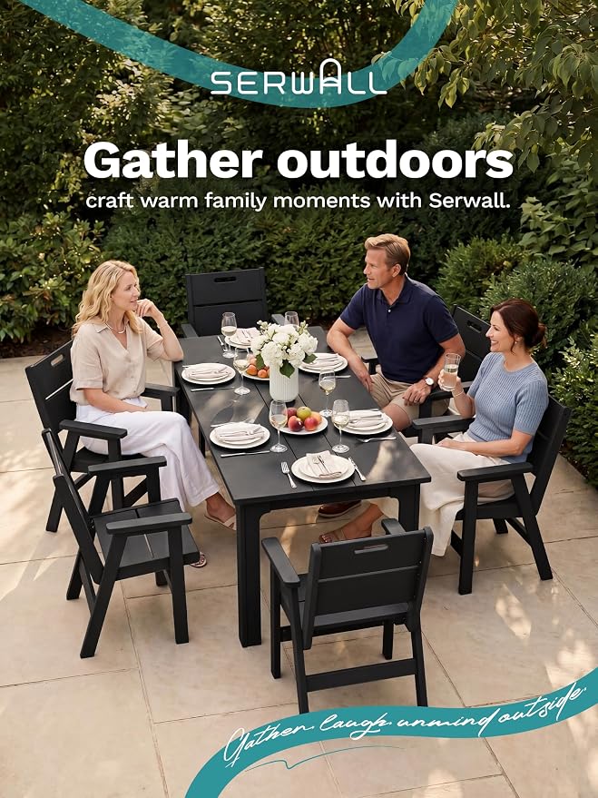 SERWALL 7-Piece HDPE Outdoor Patio Dining Set, All-Weather 76" Rectangular Table with Umbrella Hole & 6 Arm Chairs, Weather Resistant Heavy Duty Outdoor Furniture for Backyard, Deck, Garden, Black