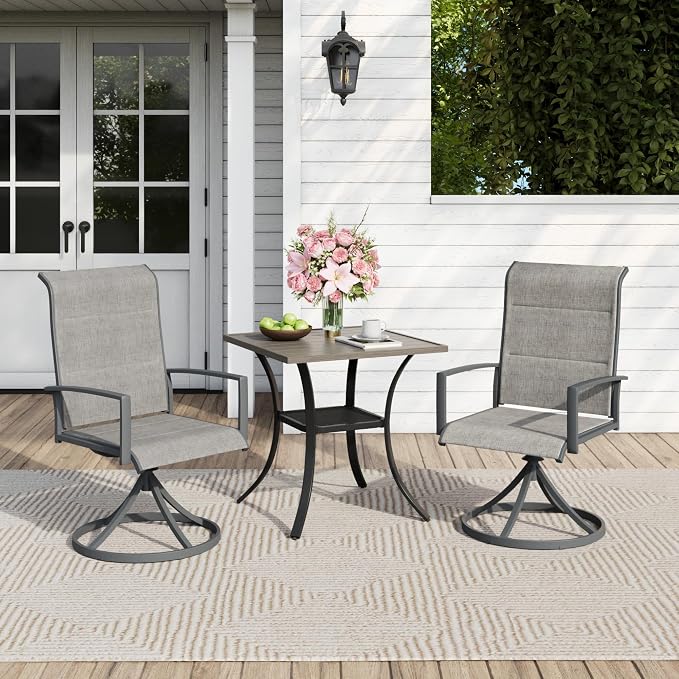 Outdoor Dining Set for 2, 28" Metal Square Outdoor Dining Table and Padded Textilene Patio Swivel Chairs, 3 Pieces Patio Table and Chairs Set for Garden Backyard, Grey