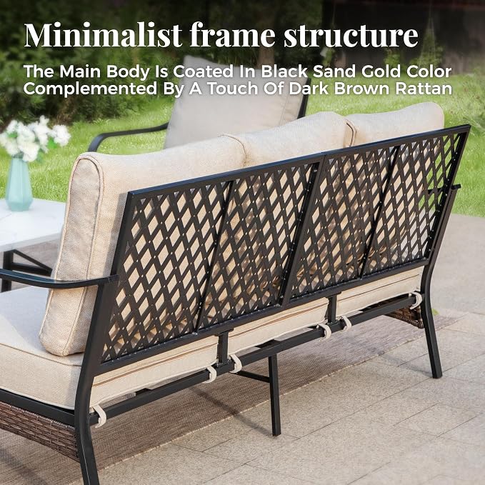 MIXPATIO Patio Furniture Set with Fire Pit Table, 4 PCS Metal Outdoor Conversation Set with 5.75'' Extra Thick Cushion, 2 Chairs, 3-Seat Sofa and Gas Fire Pit Table, Beige