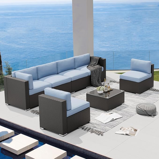 SUNCROWN 7-Piece Outdoor Patio Furniture Sofa Set All-Weather Black Wicker Sectional Conversation Set with Modern Glass Coffee Table and Cushions, Backyard, Garden, Poolside, Light Blue