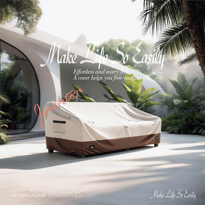JinHrtoyi 3-Seater Outdoor Couch Cover, 85Wx38Dx35H inches Outdoor Furniture Covers Waterproof,100% Waterproof Heavy Duty Patio Furniture Covers,Beige&Brown Modern Style Outdoor Sofa Cover
