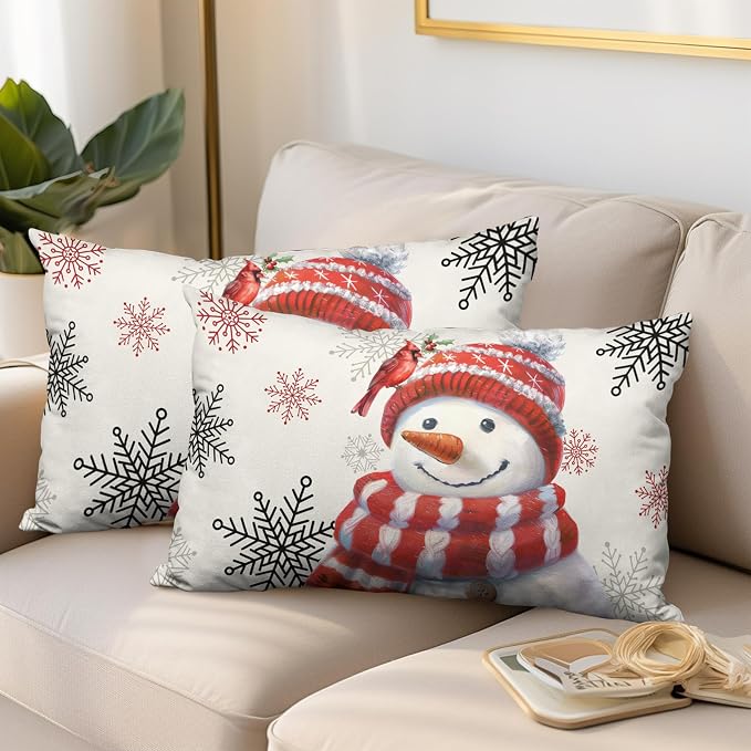 Snowman Lumbar Pillow Covers 12x20 Set of 2 Red Snowman with Cardinal Bird Snowflake Rectangle Cushion Case Christmas Winter Holiday Throw Pillowcases for Living Room Bedroom Sofa