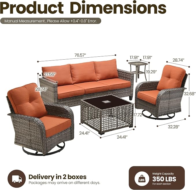 5 Piece Wicker Patio Furniture with Swivel Rocker Chair, Orange | High Back Swivel Rocker Chairs, All Weather Rattan Outdoor Sofa, Solar Lights Table, Modern Conversation Sets, Deck Backyard