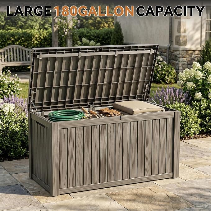 180 Gallon Outdoor Storage Box Waterproof, Resin Lockable Deck Box with Lid, Large Capacity Weatherproof Container for Patio Furniture, Side Table and Cushions(Grey, 180 Gallon)