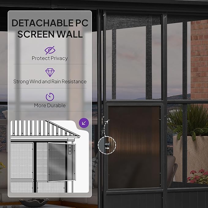 PURPLE LEAF Hardtop Gazebo Sunroom 12' x 18', Enclosed Patio Solarium with Mesh & Removable PC Panels, Magnetic Sliding Doors Outdoor Living Space for Backyard Lounge, Dining & Spa and 36 Solar Lights