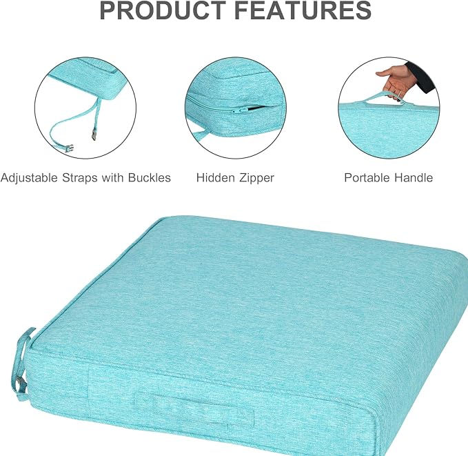 Aoodor Patio Chair Cushions Set of 4, 23 x 26 x 4 Inch Water Resistant Outdoor Seat Cushions with Handle and Ties, Square Corner Cushions for Patio Furniture Garden Lawn, Teal