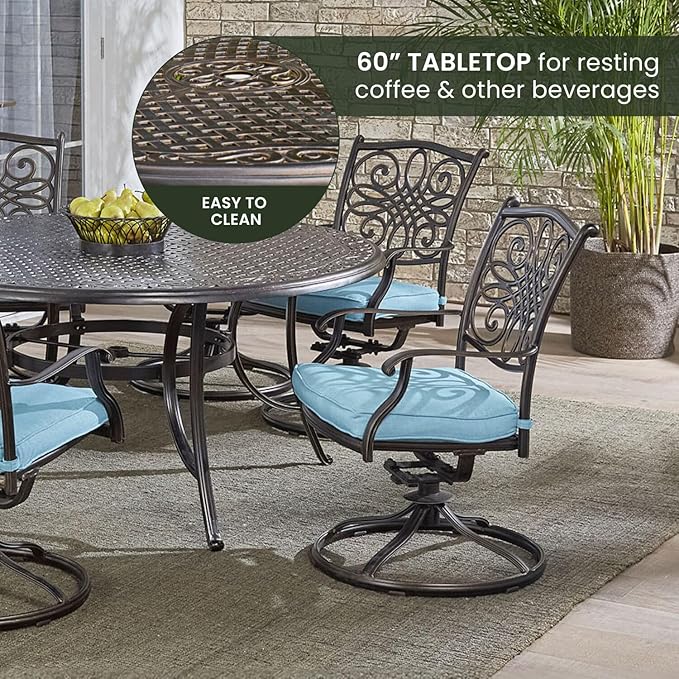 Hanover Traditions 7-Piece Patio Dining Set with 60" Round Cast-Top Table and Swivel Rockers with Blue Cushions, Patio Dining Set for 6, Premium Weather Resistant Outdoor Dining Set