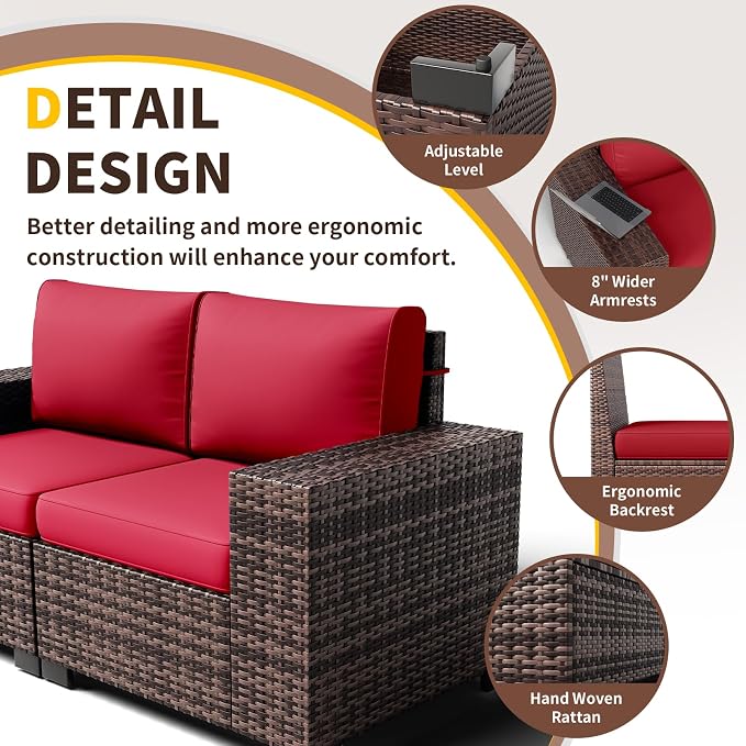 Outdoor Patio Furniture Set, 8‘’ Wide armrest Outdoor Sectional Rattan Sofa Set, Wicker Patio Furniture Sets w/Coffee Table,Thick Cushions for and Cover for Porch,Deck,8 PCS (Brown&Wine)