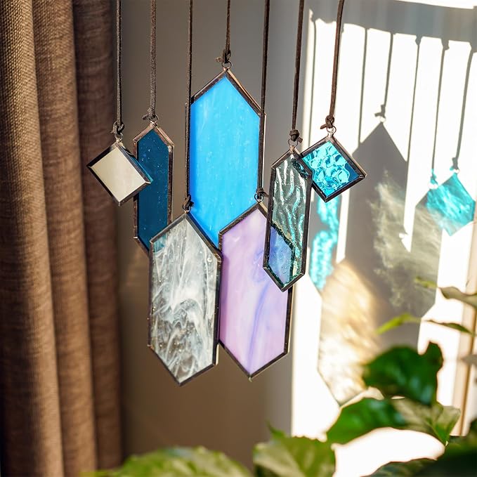 7pcs Stained Glass Window Hanging Suncatchers Modern Blue Wall Art Ornament | Blue Dreams,Sun Catchers Indoor Window,Home Garden Decor,Element Earth Tones Panel Set,Gift For Women,With String & Hook