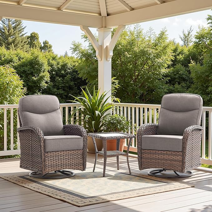 Luxury 6-Inch Cushion Outdoor Swivel Rocker Patio Chairs with Side Table, High Back Wicker Patio Furniture Set for Deck Porch Garden Balcony and Poolside Gray Cushion