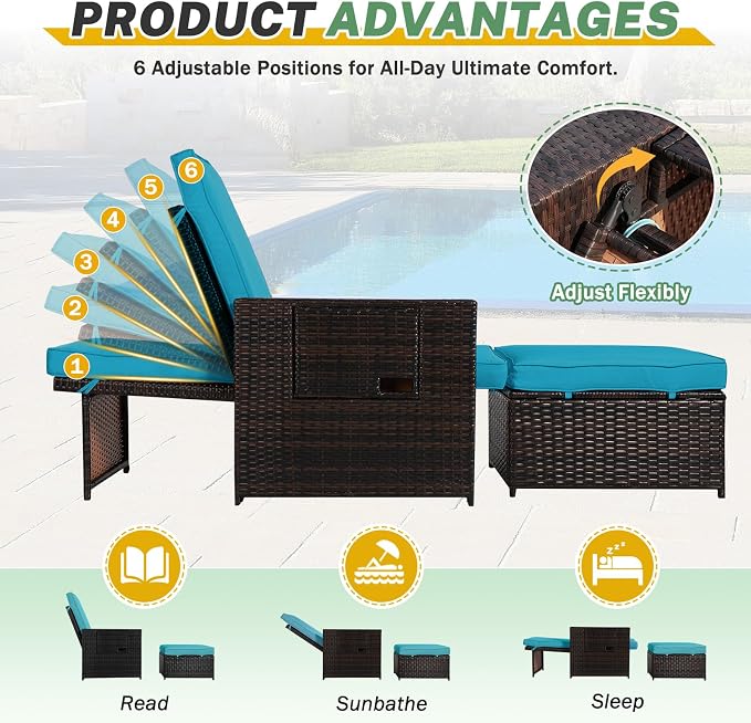 LVUYOYO 5 Piece Patio Furniture Set, Patio Wicker Conversation Set with Ottoman, Outdoor Chaise Lounge Chair with Side Table & Adjustable Backrest for Pool Backyard Garden (Brown Wicker Green Cushion)