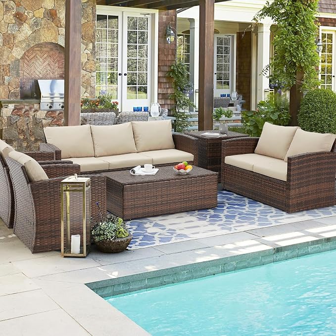 AECOJOY 7 PCS Patio Furniture Set with Two Storage Boxes&Patio Set Cover, Outdoor Rattan Conversation Set, PE Wicker Sectional Sofa Outdoor Furniture, Brown Rattan&Beige Cushions