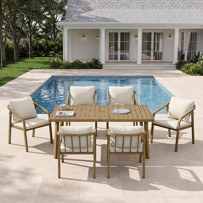 Outdoor Dining Set,7-Piece Patio Dining Table Set for 6 with Rectangular Table & 6 Thick Cushion Sofa Chair, Aluminum All-Weather Patio Furniture Set for Backyard, Garden and Poolside (Brown)