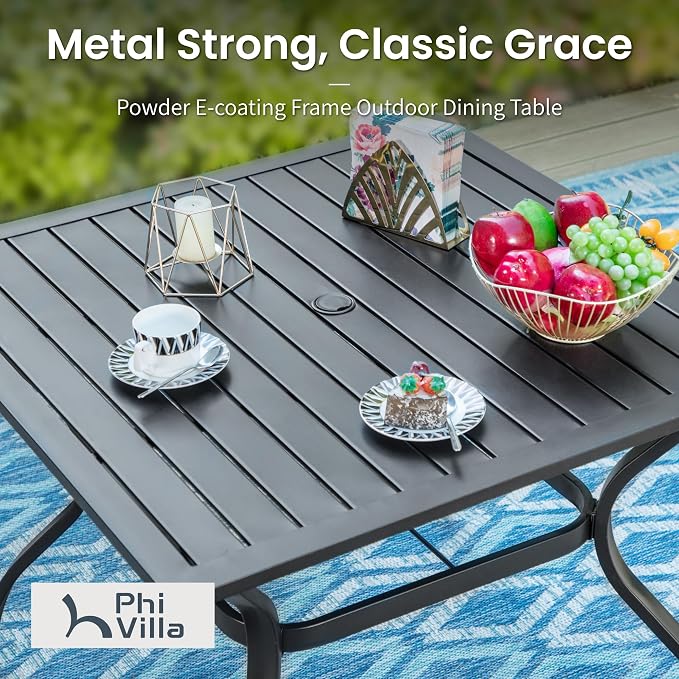 PHI VILLA Patio Dining Set, 4 Stackable Chairs w/Square Metal Table | 37" square metal table w/ 1.57" umbrella hole. Rust-resistant e-coated frame.. Easy assembly. Perfect for patio,deck