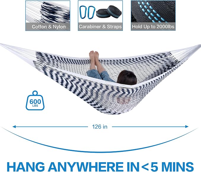 PNAEUT Handwoven Mayan Hammock, Thick Soft Rope Double Hammock for Outdoor Outside & Indoor, 600 lbs Capacity Heavy-Duty, Includes Tree Straps, Carabiners & Carrying Bag (Chasm, X-Large)