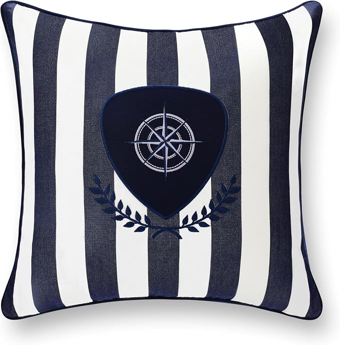 Hofdeco Premium Coastal Patio Indoor Outdoor Throw Pillow Cover Only, 18"x18" Water Repellent, UV and Fade Resistant for Backyard, Couch, Poolside, Navy Blue Embroidered Nautical Yacht Stripe
