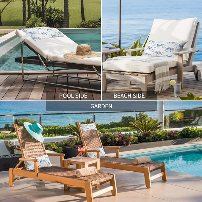 Outdoor Pillow for Chaise Lounge Chair Modern Watercolor Bird Tree Branch Headrest Pillow with Adjustable Elastic Strap Set of 1,11x16 inch, Botanical Leaves Blue Birds Head Pillows for Patio Pool