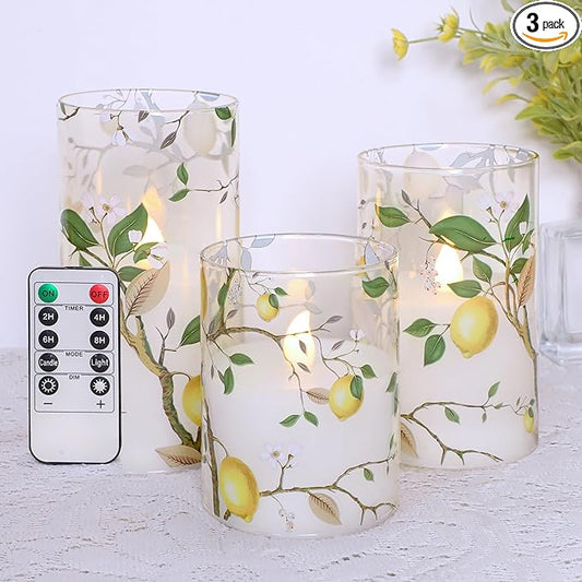 Silverstro Flameless LED Candles with Remote Lemon Decal Glass Flickering Battery Operated Candles for Home Room Party Wedding Holiday Christmas Valentine's Day Decor - Set of 3