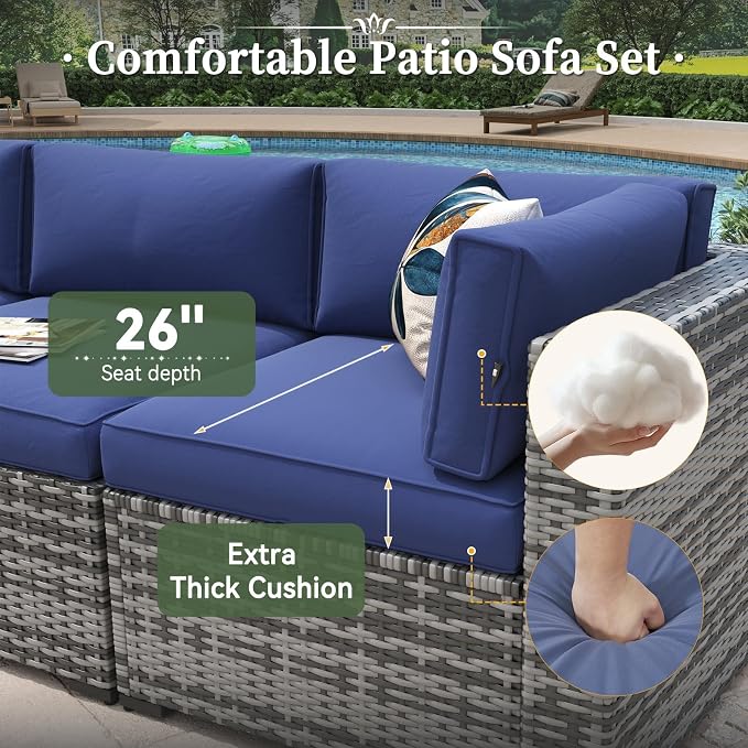 Aoxun 8 Piece Patio Furniture Set with 44” Fire Pit Table Paito Conversation Set Wicker Rattan Outdoor Sectional Sofa Set with Thickened Cushions (Grey/Blue)