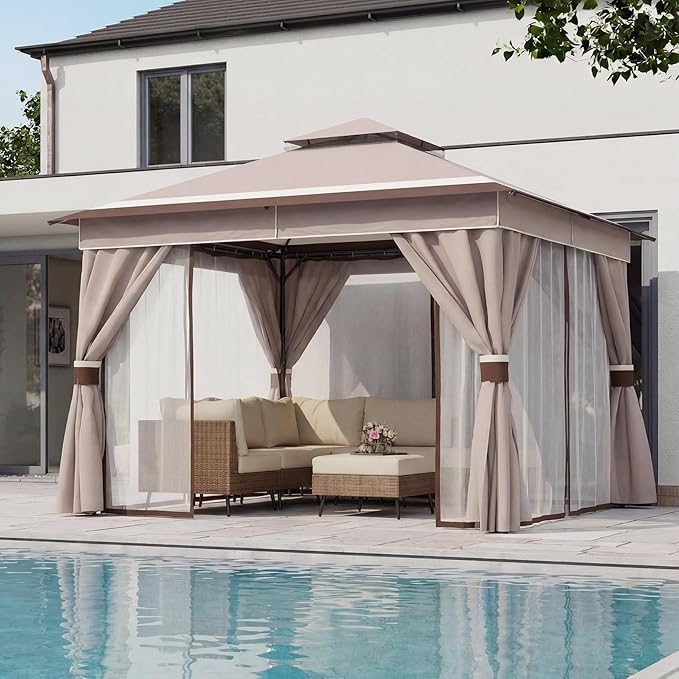 LAUSAINT HOME Patio Gazebo 12'x12', Outdoor Heavy Duty Party Tent Shelter with Double Roofs, Mosquito Nettings and Privacy Screens for Backyard, Garden, Lawn, Classic Khaki