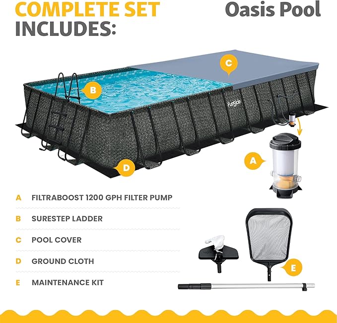 Funsicle Oasis Designer Lap 24' x 12'x 52" Rectangular Above Ground Swimming Pool, with FiltraBoost 1200 GPH Filter Pump, Ladder, Maintenance Kit, Cover, Ground Cloth & Repair Patch, Dark Herringbone