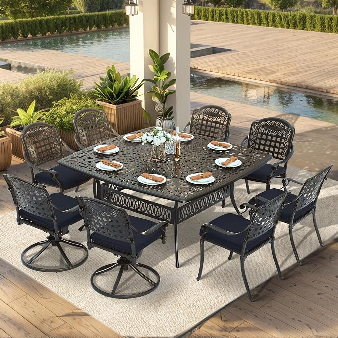 VIVIJASON 9-Piece Outdoor Dining Set, Cast Aluminum Patio Table & Chair Furniture Set for 8, Include 64" Square Dining Table, 2 Swivel Rocker Chairs, 6 Stationary Chairs, Umbrella Hole, Navy Blue