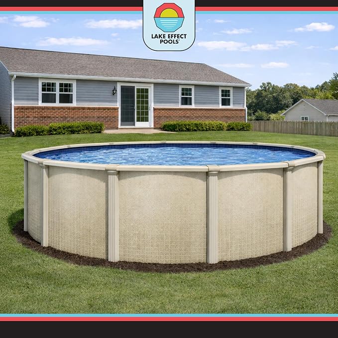 Lake Effect Pools 'Impressions' 18 ft Round Above Ground Swimming Pool Bundle | 48 Inch Height | Steel Sided Walls | Kit Includes: 25 Gauge Liner, A-Frame Ladder, Sand Filter/Pump, & Skimmer