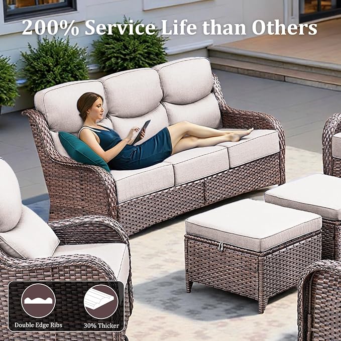 3 Pieces Patio Sofa Set with 6" Thick Cushions, High Back Wicker Sectional Outdoor Sofa with Ottomans, Outdoor Seating Furniture High Back Conversation Set for Balcony Deck Porch Backyard, Brown/Beige
