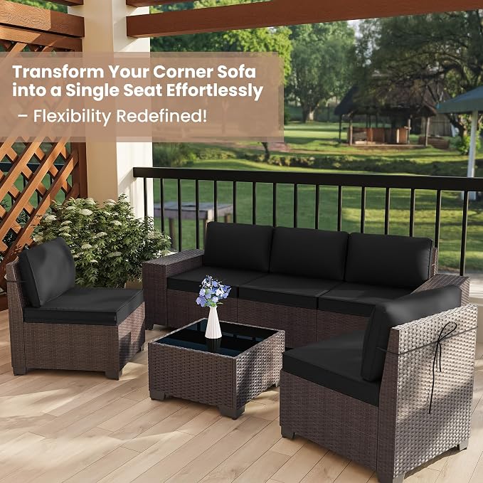 6 PCS Outdoor Patio Furniture Set,Outdoor Sectional Furniture All Weather PE Rattan Wicker Patio Conversation Set with Coffee Table and 5 Thickened Cushions,Black