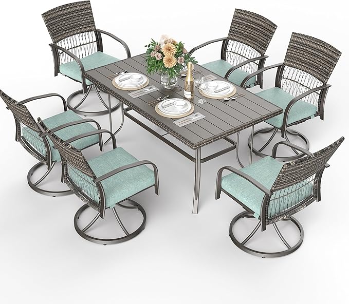 Pamapic 7-Piece Outdoor Dining Set with Swivel Rocker Chairs, Wicker Patio Furniture for 6, Poolside Garden Deck with Iron Table & Removable Cushions (Green)