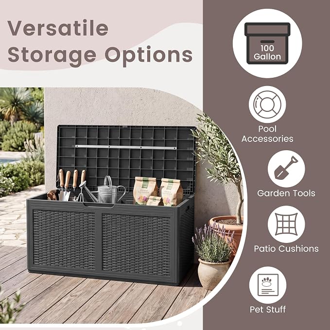 HAPPYGRILL 100 Gallon Resin Deck Box Outdoor Waterproof Storage with Lockable Lid, Rattan Texture Storage Container with Wheels for Pool Accessories, Garden Tool, Patio Furniture Cushion (Grey)