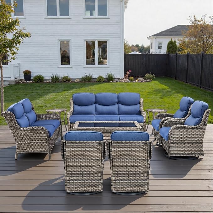 Outdoor Swivel Rocker Patio Chairs Set of 9 with 5" Thick Cushions,9 Piece Furniture Set with Fire Pit Table All Weather Wicker Conversation Set for Porch Deck - Grey Wicker | Blue Cushions