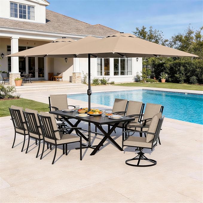 10 Pieces Patio Dining Set with Brown Umbrella,Outdoor Furniture Set Includes Hole Cut-Out Table and 6 Metal Backrest Chairs and 2 Swivel Chairs for Backyard,Garden,Poolside,Brown