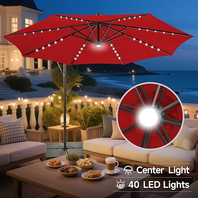 Solar Offset Patio Umbrella - 10 FT Solar Cantilever Umbrella Outdoor with 40 LED Lights and Cross Base, UV Protection for Garden, Deck, Backyard, Pool, Porch, Red