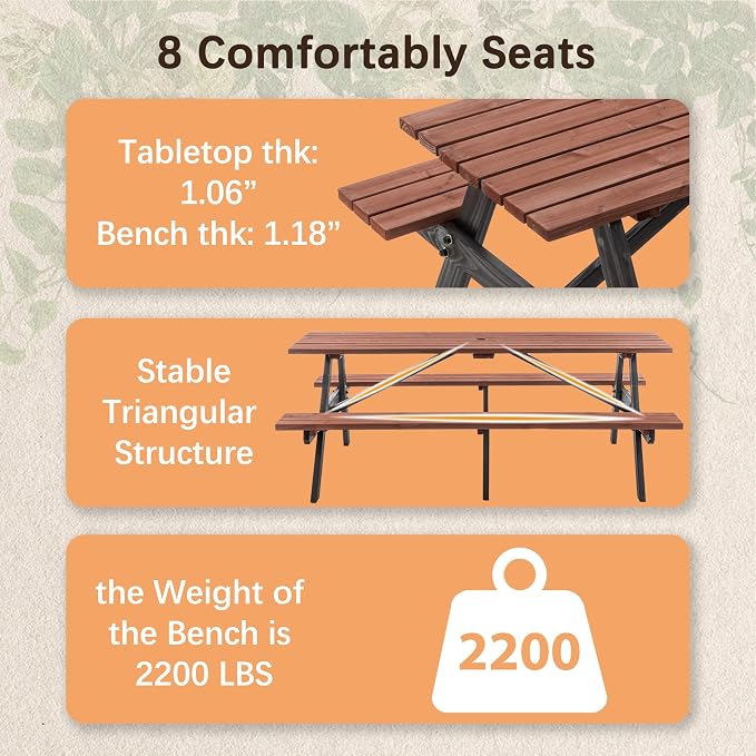75'' Rectangular Outdoor Dining Table Wooden Patio Dining Table & 2 Built-in Bench for 8, 2" Umbrella Hole, Suitable for Picnic Backyard Garden Porch, Wood Brown