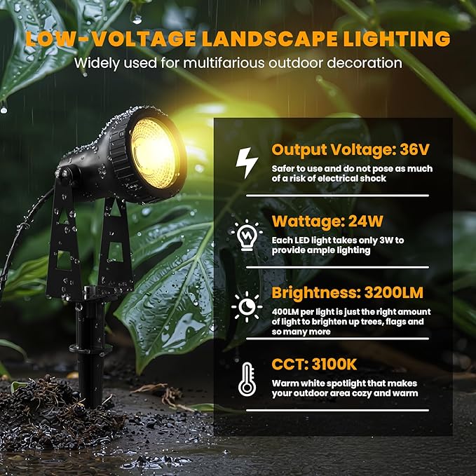 Zuske Outdoor Landscape Lighting, 8-Pack Low Voltage LED Spot Lights with Transformer, Waterproof IP65 Outdoor Landscape Lights for Garden, Yard, Backyard, Lawn, Trees, House, Flags – Warm White