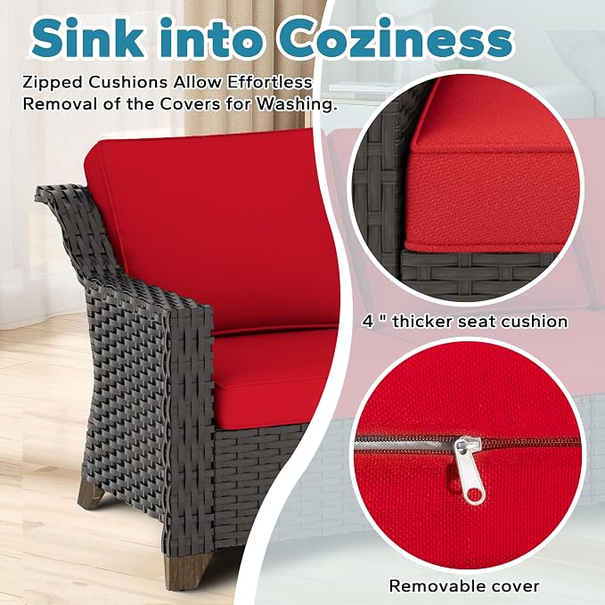 6 Pieces Outdoor Conversation Furniture Set - 77" Patio Sofa, 2 Armchairs, 2 Ottomans, 1 Metal Table, Patio Wicker Couch Set with Washable Cushions for Swimming Pool (Red)