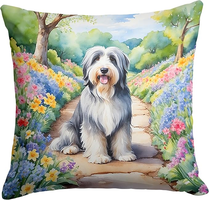 Caroline's Treasures Bearded Collie Spring Garden Throw Pillow Machine Washable, Indoor Outdoor Decorative Pillow for Couch, Bed or Patio, 14Hx14W
