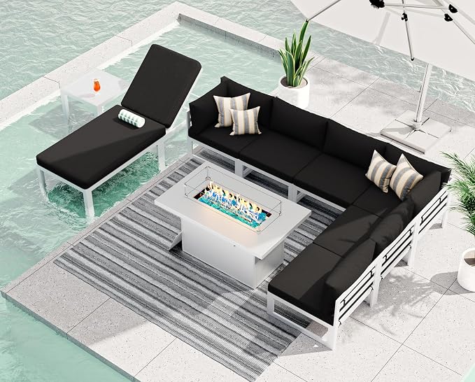 RADIATA 7 Seat Large Aluminum Patio Conversation Set with Lounge & Fire Pit Table, 29" Deep Wide Seat, High End Modular Sectional Seating, 500 lbs Heavy Duty Anti-Rust Outdoor Sofa for Poolside, Black